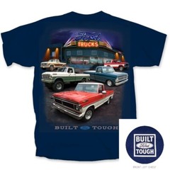 Ford Truck T-Shirt – Navy Blue “Built Ford Tough” Vintage Dealer Scene