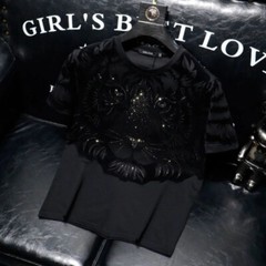 New Men Luxury Tiger Rhinestones Fashion Black Green T-Shirt High Quality