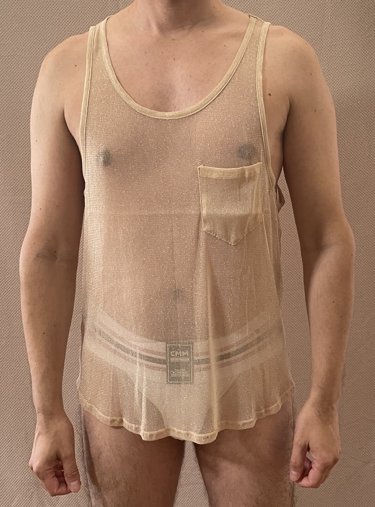 INCERUN Men’s Gold Size XL Scoop Neck Sheer Mesh Metallic Pocket Tank Top