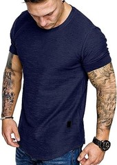 Men’s Elastic Slim Fit Crew-Neck T-Shirt Casual Solid Short Sleeve Tee Navy 2XL