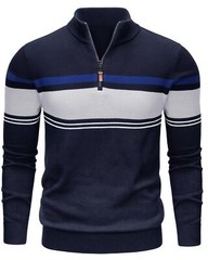 Mens Long Sleeve Sweater 1/4 Zip Winter Warm Casual Fleece Pullover Striped Polo