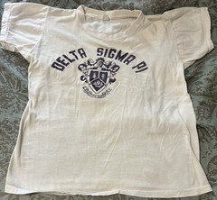 Vintage 60s Russell Delta Sigma Pi Shirt Medium 18” X 22 White Fraternity Shield