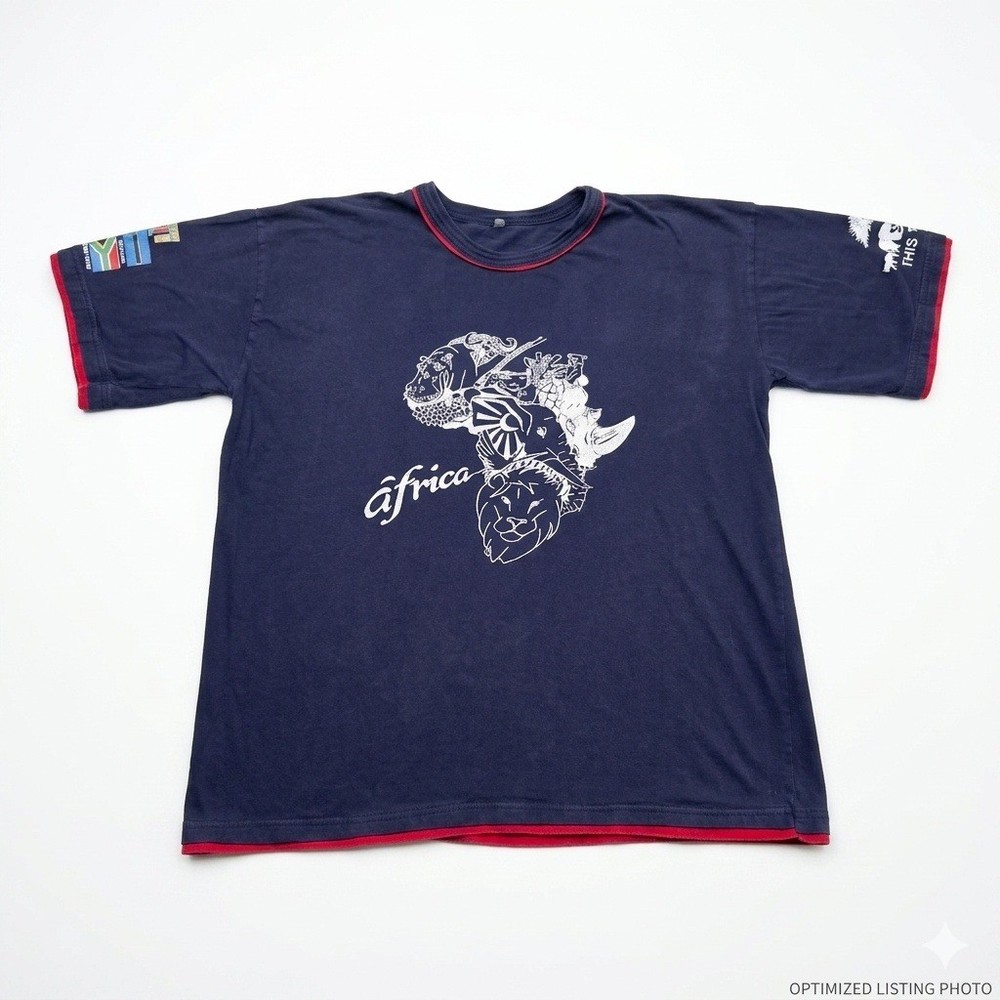 Extra Large Africa Safari VTG Animal Map T Shirt Double Ringer Souvenir Navy