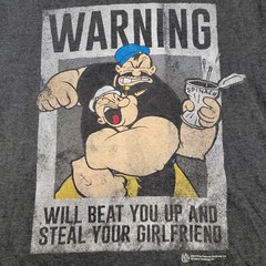 Tee Luv Mens Dark Grey Popeye/Brutus Warning Beat you up steal your GF T-shirt L