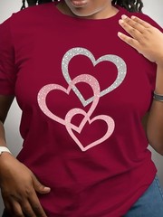 Women’s Round Neck Romantic Short-Sleeved T-Shirt Summer Heart Pattern Pullover♮