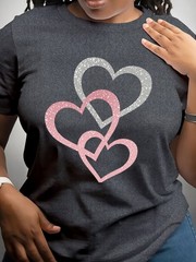 Women’s Round Neck Romantic Short-Sleeved T-Shirt Summer Heart Pattern Pullover♪