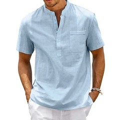Men’s Cotton Linen Henley Shirt Casual Short Sleeve Beach Summer Top with Pocket