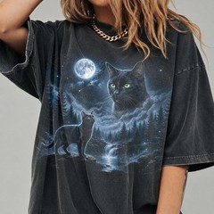Black Cat Moon Shirt Funny Halloween Cat Graphic Tee Unisex