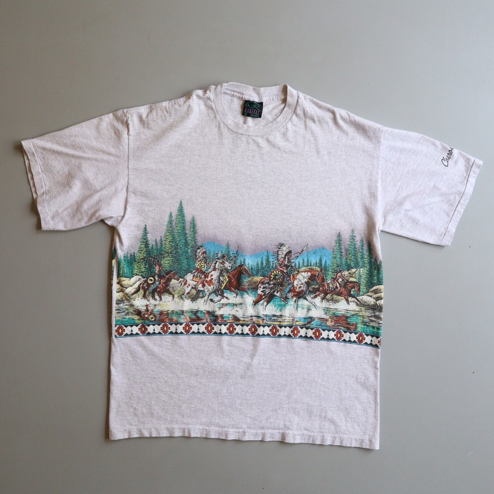 Vintage Cherokee NC Native Indian Graphic T Shirt Mens XL AOP Habitat Gray
