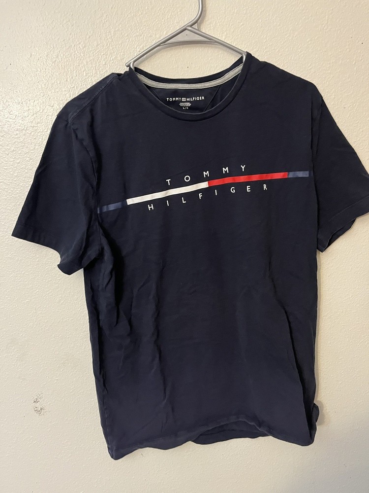Tommy Hilfiger Mens Size L Crew Neck T Shirt Short Sleeve Logo Navy Blue