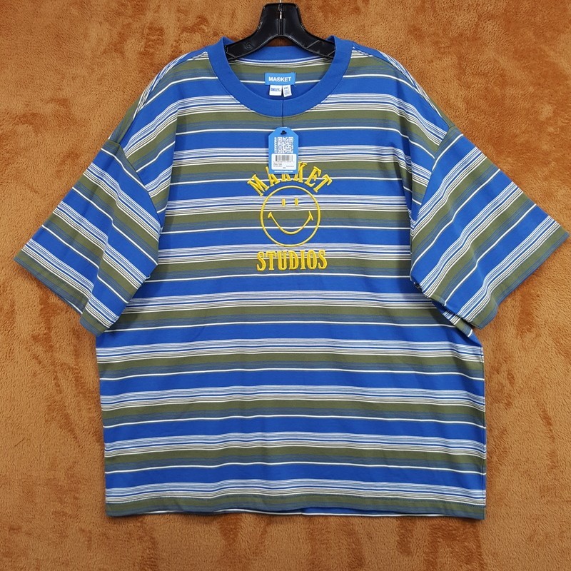 MARKET STUDIO Shirt Mens XXL Blue Stripe Pullover Crew Smiley T-Shirt Tee