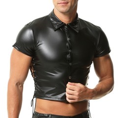 Mens PU Leather Side Lace-up Shirts Vest Turn-down Collar Dance Club Crop Tops