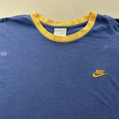 Vintage Nike T-Shirt Mens Medium Blue Yellow Swoosh Spell Out Long Sleeve y2k