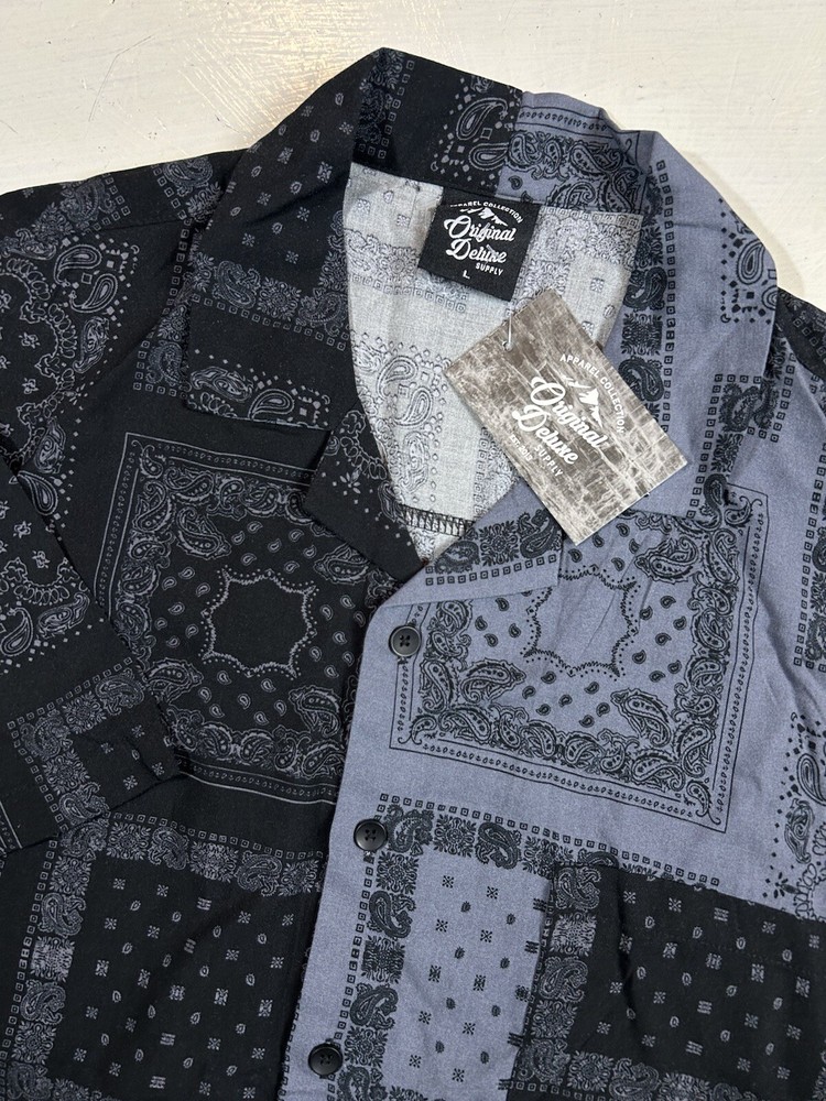 Original Deluxe Supply Mens LARGE Black & Gray Paisley SS Button Up Dress Shirt