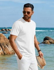Mens T-Shirts Cotton Short Sleeve White T Shirts Summer Beach UPF 50+ Crew Ne…