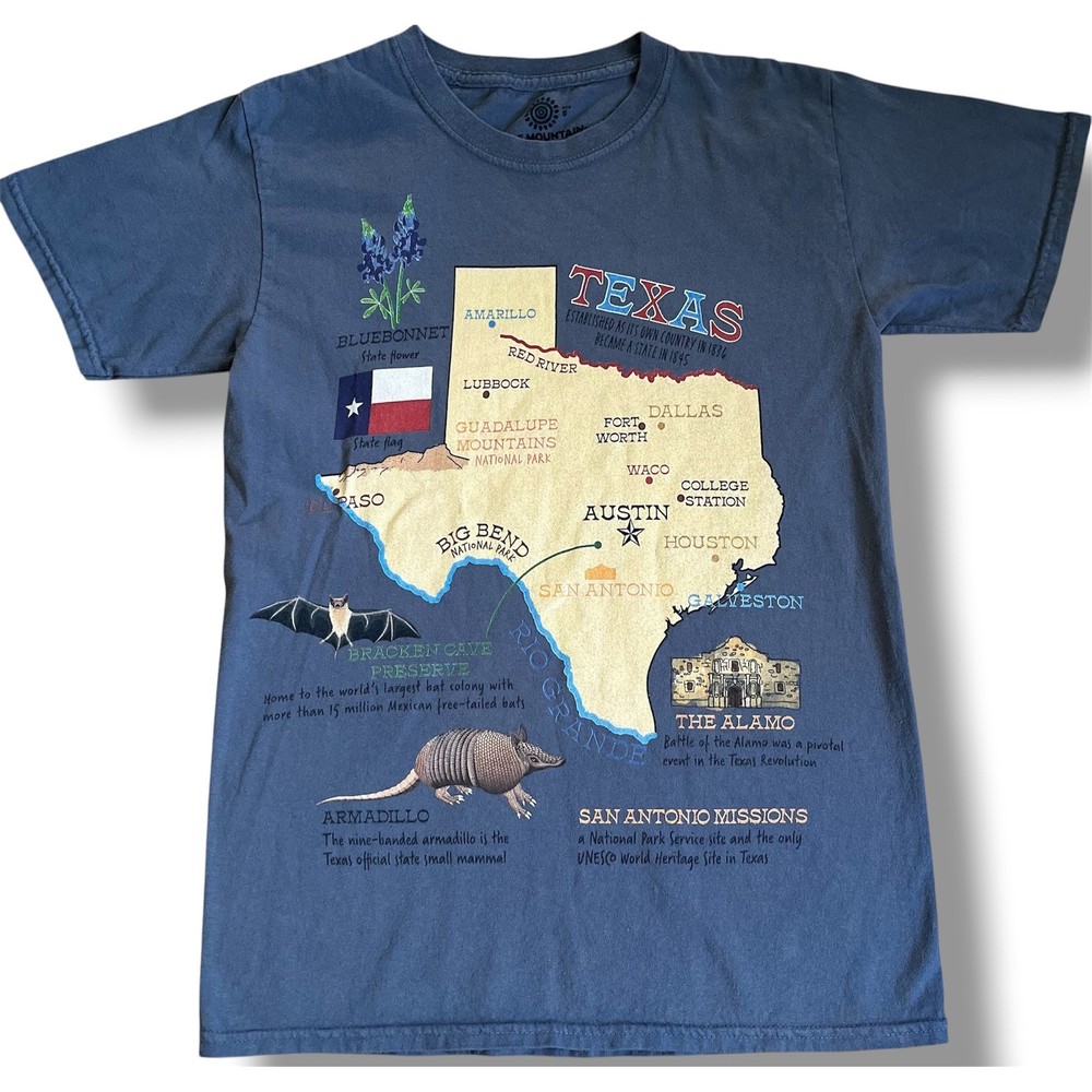 The Mountain Texas Map Graphic T-Shirt Blue Souvenir Cotton Mens Small S