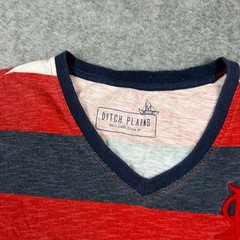 Y2K Ditch Plains T Shirt Mens Medium Red White Blue Striped V-Neck Grunge Skate