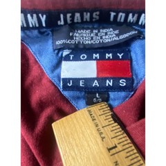 Vintage Tommy Jeans Mens Large Red V Neck Pocket T Shirt Flag Logo 90s
