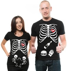 Halloween Maternity T-shirt Twins Skeleton T-shirt Pregnancy Top shirt costume