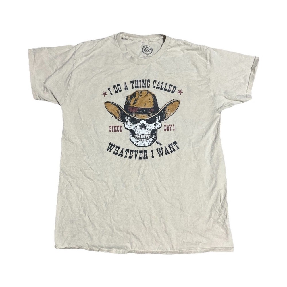 DOM Men’s White Skull Cowboy Graphic Cotton Short Sleeve Crew Neck Tee L
