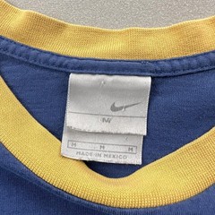 Vintage Nike T-Shirt Mens Medium Blue Yellow Swoosh Spell Out Long Sleeve y2k