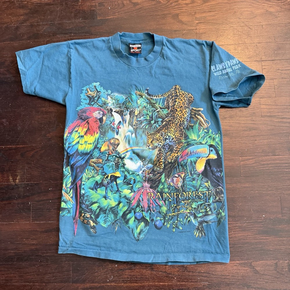 Vintage Rainforest AOP Nature T Shirt 90s Single Stitch Medium Teal/cyan Blue