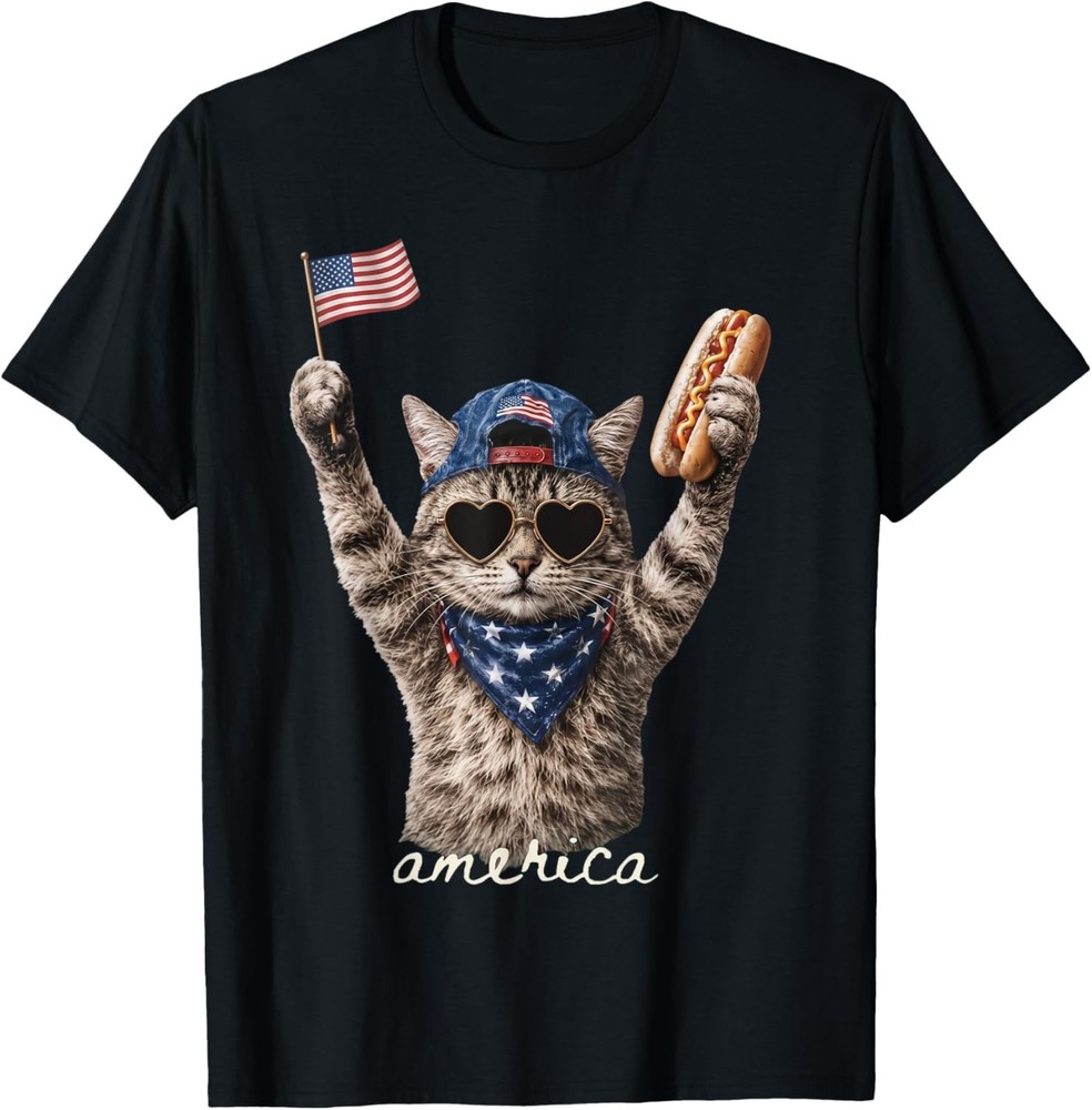 Retro Funny America Cat Hot Dog Lovers Patriotic US Flag T-Shirt S-3XL