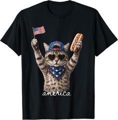 Retro Funny America Cat Hot Dog Lovers Patriotic US Flag T-Shirt S-3XL