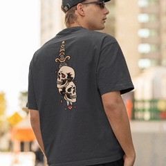 Mens Oversized T-Shirt Skull Dagger Back Print Streetwear Graphic Baggy White