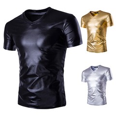 Men Shiny Metallic V Neck Short Sleeve T-shirt Shirt Slim Fit Tops Nightclub
