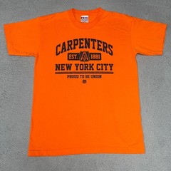 VTG Bayside Carpenters Union NYC T Shirt Men’s Sz L Orange Proud Made in USA Tee