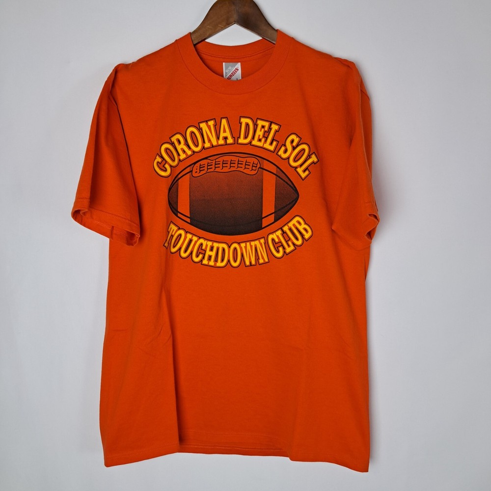 Vintage Football Touchdown Club T-Shirt Mens Large Orange SS JERZEES Made in USA