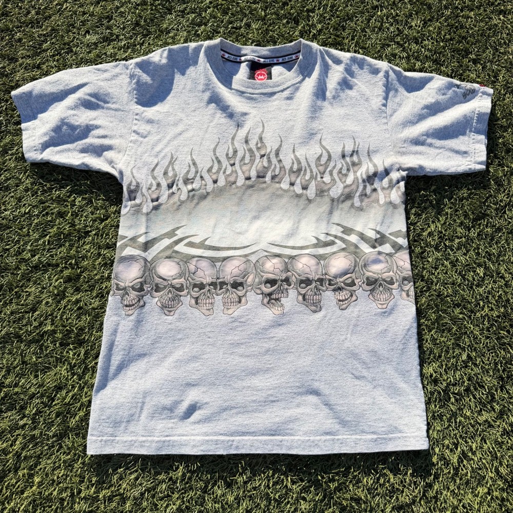Vintage JNCO Mens T-Shirt Size Large Flaming Skulls Gray Y2K Skater