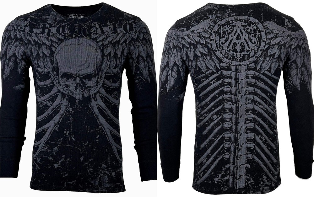 Xtreme Couture by Affliction Men’s Thermal Shirt COLLISON Skull Biker Black