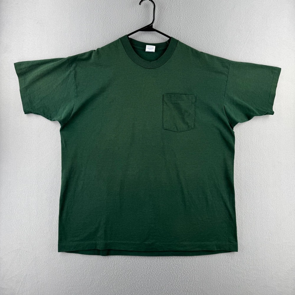 Vintage BVD T Shirt Mens 2XL Green Blank Selvedge Pocket Tee USA Single Stitch