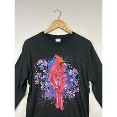 Naturecore Port & Company Mens Med Black Cardinal Bird Graphic Long Sleeve Tee