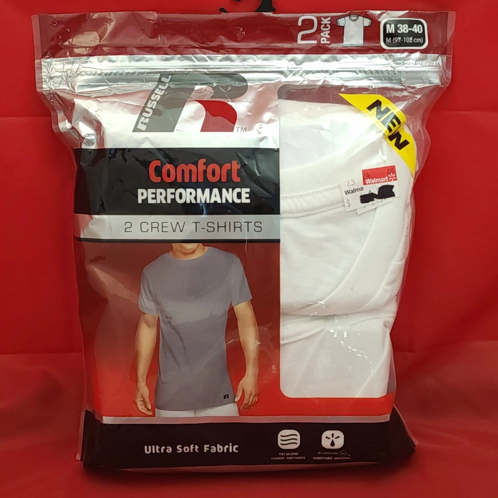 Russell Men’s Comfort Performance 2-Pack White Crew T-Shirts Size M Moisture Wic