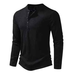 Men’s Shirt Cotton Henley Neck T-Shirts Long Sleeve Casual Button Plain 25% OFF