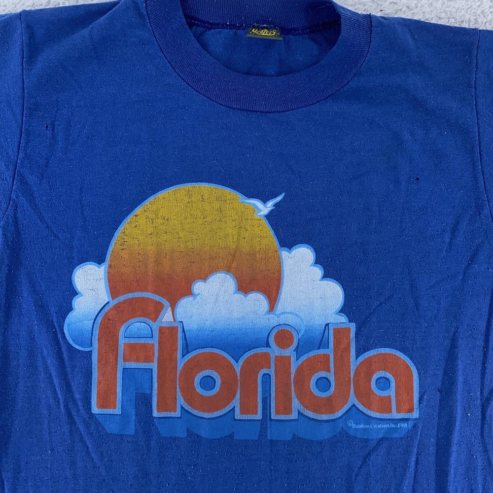 Vintage Florida Shirt Mens Small Blue Sunset Graphic Tee Beach Surf 1981 80s