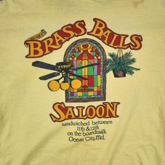 Vintage Brass Balls Saloon Shirt Mens Large Yellow Royal Ocean City 80s Graphic