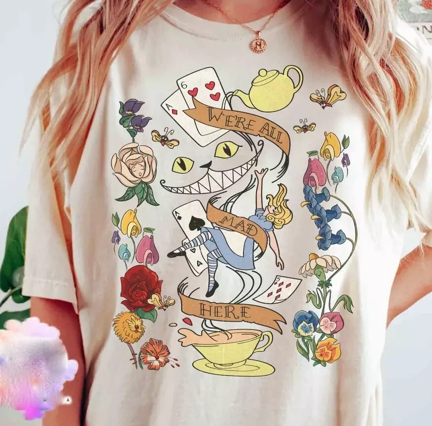 Vintage Alice In Wonderland We’Re All Mad Here T-Shirt, Alice Mad Hatter S-5XL