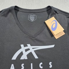ASICS Stripes V-Neck Short Sleeve Graphic Logo T-Shirt Black XXL Cotton Blend