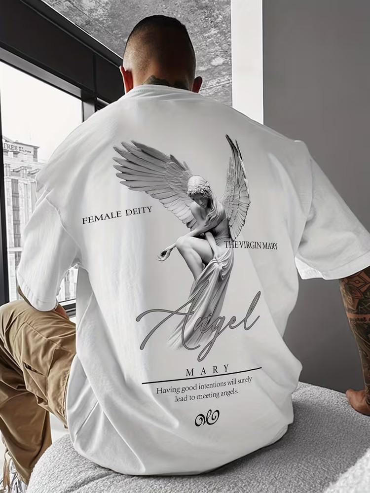 Men’S Casual Street Style Geometric Print T-Shirt – Angel Pattern Design, Loose