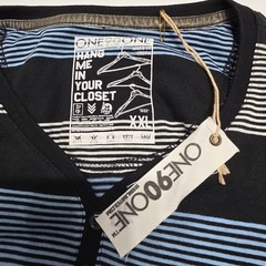 One90One Men’s Striped Henley T Shirt Blue Black Gray XXL Casual Short Sleeve