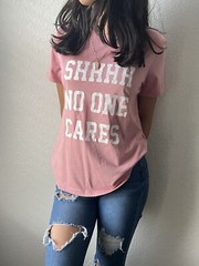 Trendy Pink Graphic Tee – “Shhhh No One Cares” Statement Shirt – Size LARGE