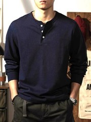 Mens Basic Style Heavyweight Solid Color Long Sleeve Henry Collar Casual T-shirt