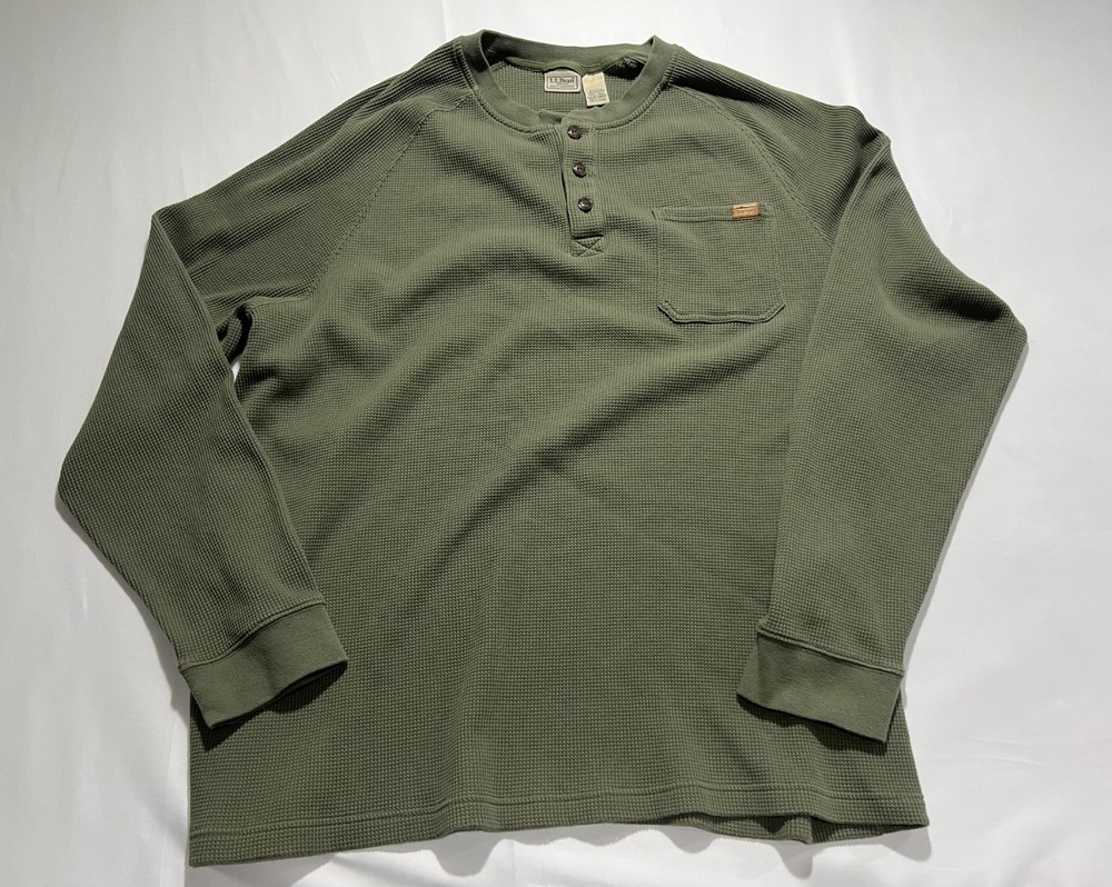 LL Bean Thermal Henley Shirt Mens 3XLT Green Chunky Waffle Knit Y2K Big & Tall