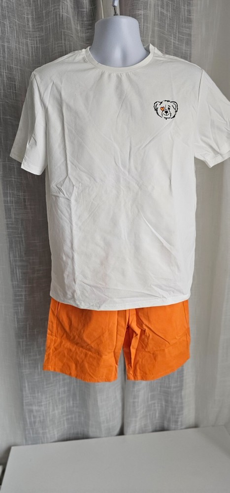Men Slogan & Cartoon Graphic Tee & Drawstring Waist Shorts Orange Size M NEW