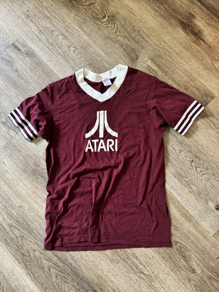 Vintage 80s Atari Video Game T Shirt Logo Athletic Ringer Tee Soffe USA Sz M