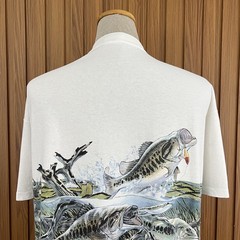 Vintage 90s Largemouth Bass Fishing All Over Print Nature Graphic White T-Shirt